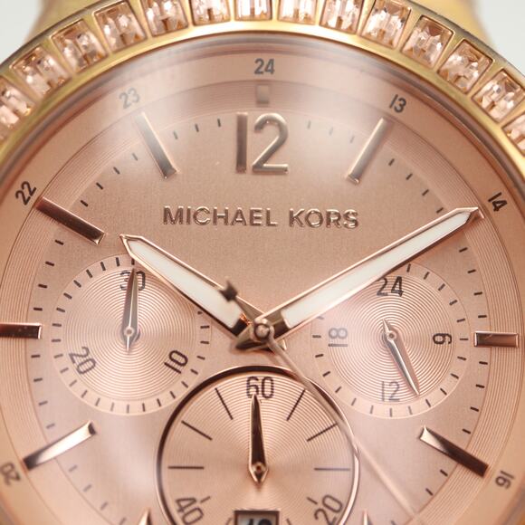 Michael Kors Dylan Rose Gold Tone Chronograph Watch Gem Bezel MK5412 New Battery - Picture 6 of 12